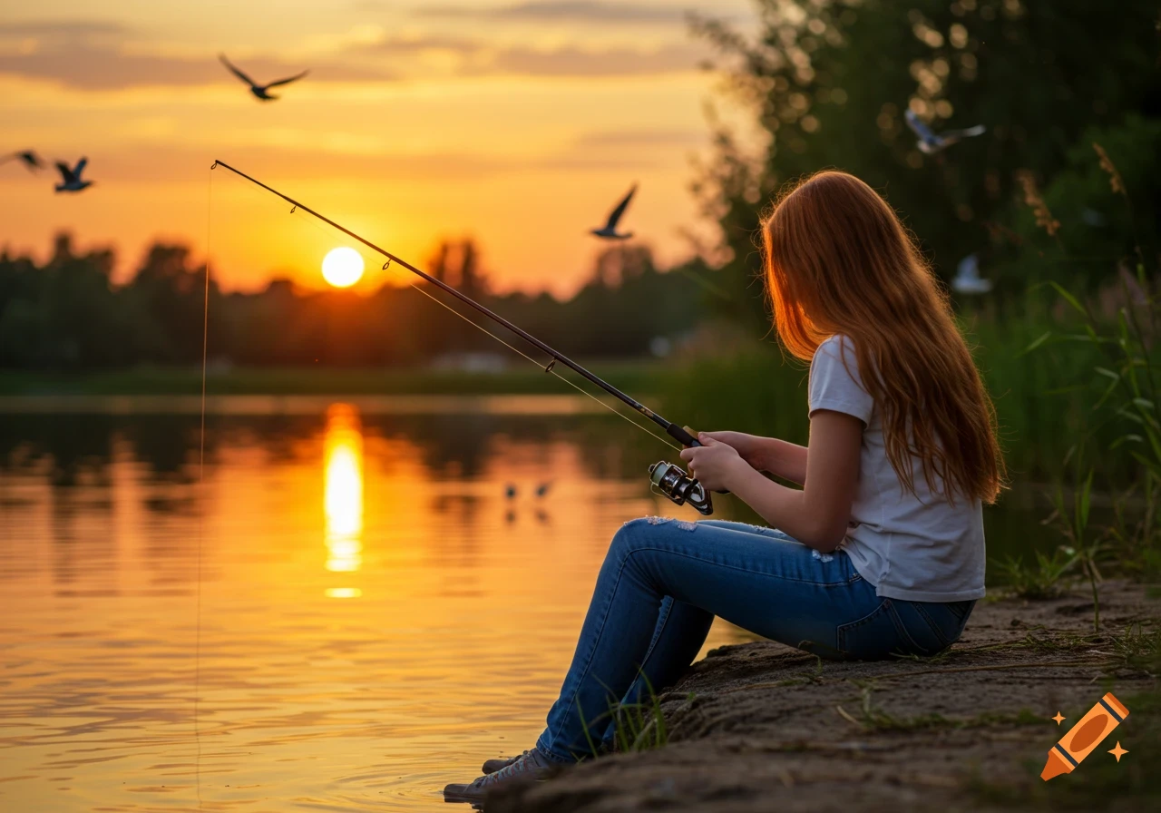 A girl fishing by a lake at sunset with birds flying overhead.