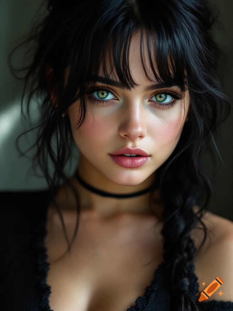 Photorealistic portrait of a woman with green eyes, dark hair, and a black choker.