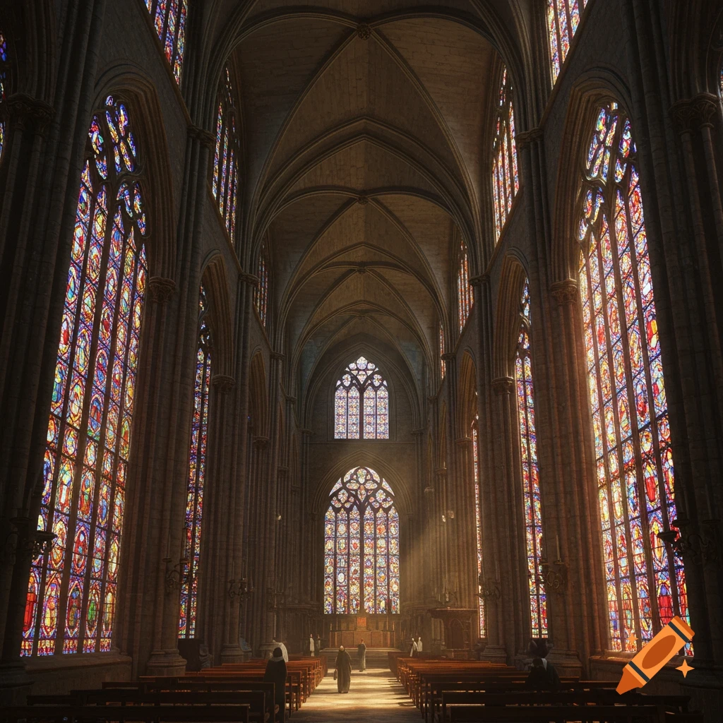 Interior of a grand cathedral with tall arches, stained glass windows showing colorful patterns, and light streaming in.