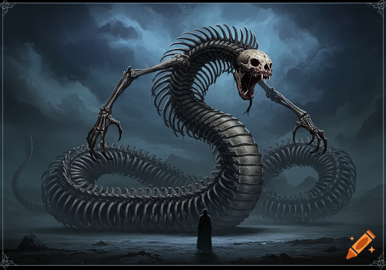 A massive skeletal serpent monster looms over a person in a dark, stormy landscape.