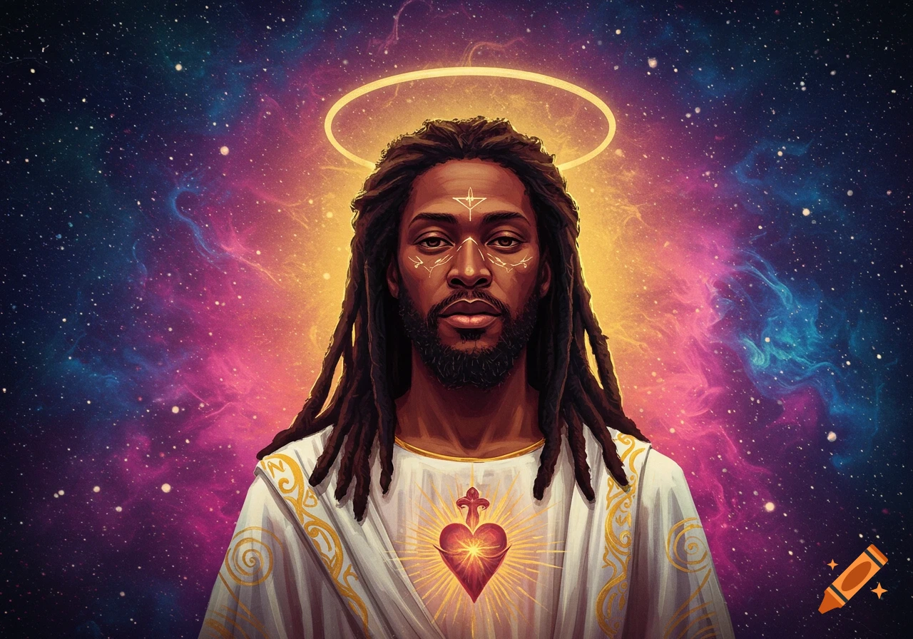 Figure resembling Jesus with dreadlocks, a halo, and sacred heart against a galaxy background.