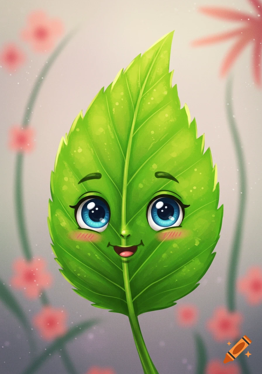 A green leaf with large blue eyes, rosy cheeks, and a wide smile.