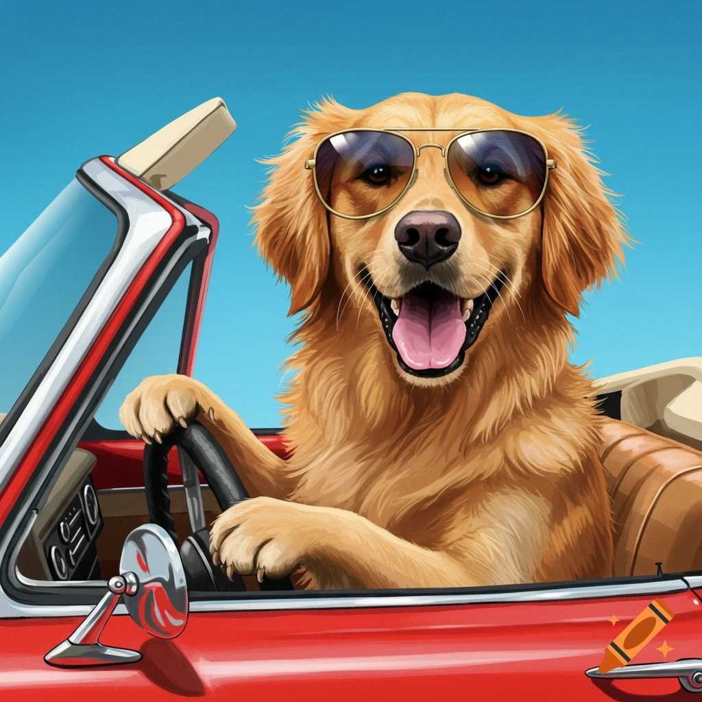 Illustration of a golden retriever dog wearing sunglasses driving a red convertible