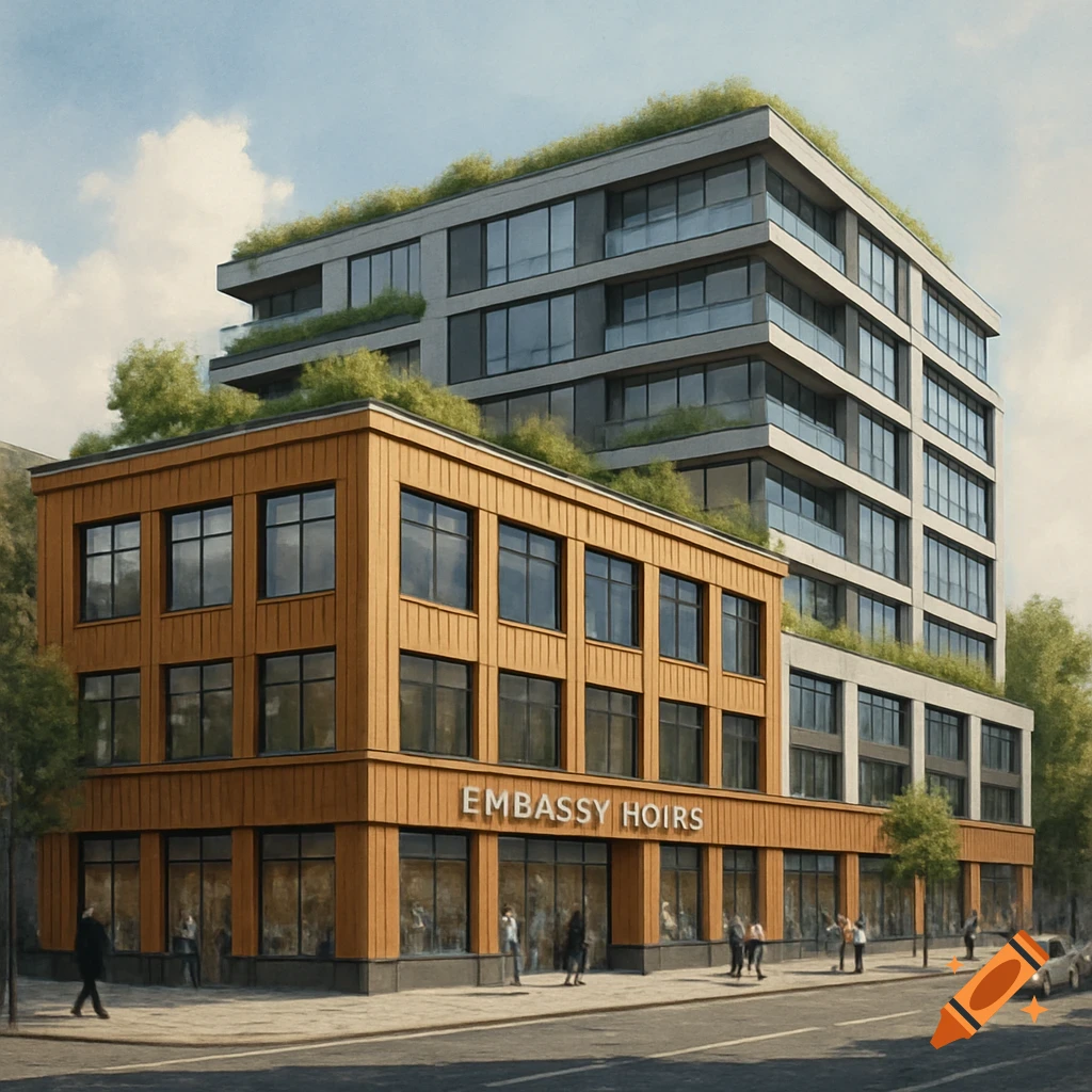 A modern building with a wooden base and concrete upper floors, both with green roofs, on a city street.