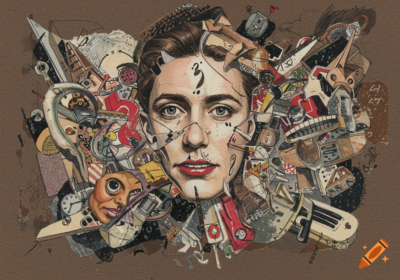 Portrait of a woman's face in a surreal collage illustration surrounded by abstract shapes and objects.