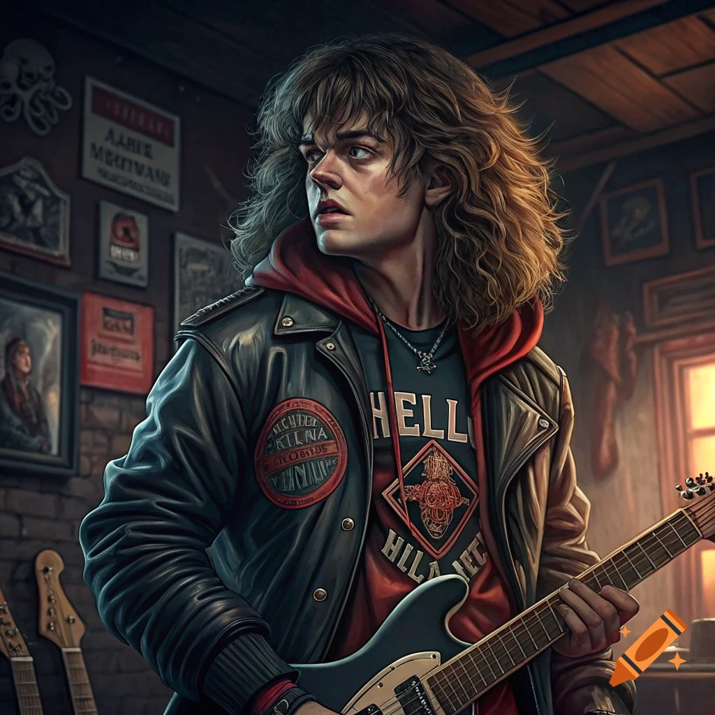 Illustration of Eddie Munson from Stranger Things playing an electric guitar.
