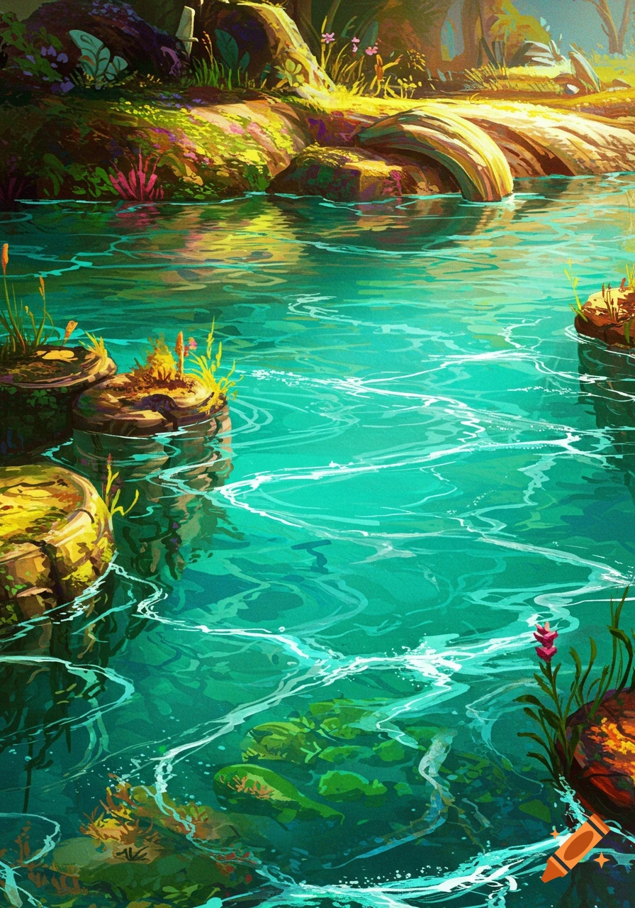 Clear turquoise water flows around mossy rocks with green plants and flowers.