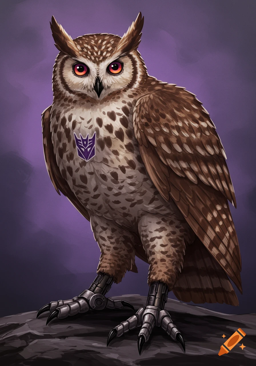 An owl with robot legs and a Decepticon logo.