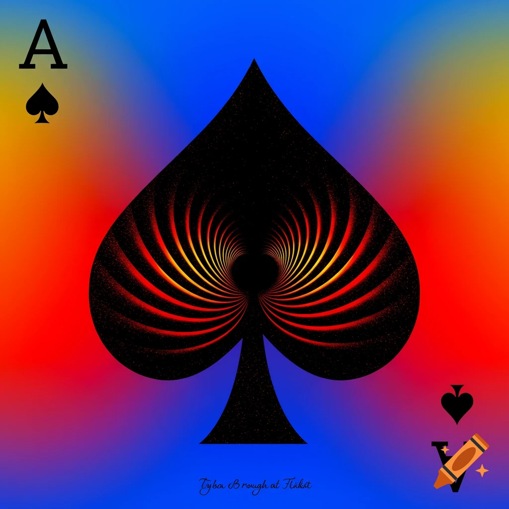 A fractal black spade symbol with a spiraling core of red and yellow against a vibrant gradient background, like an ace of spades card.