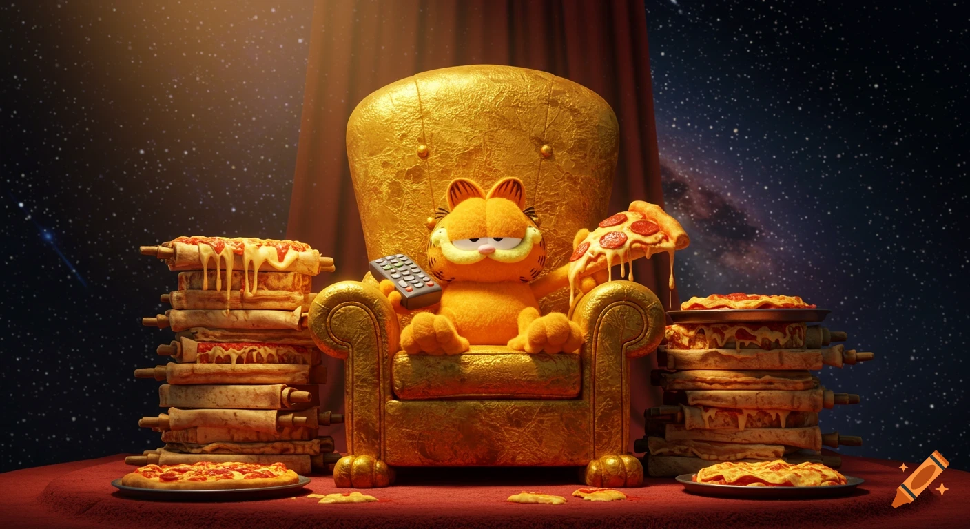 Garfield the cat sits on a golden throne, holding a pizza slice and remote, surrounded by stacks of pizza in space. Pixar/DreamWorks style.