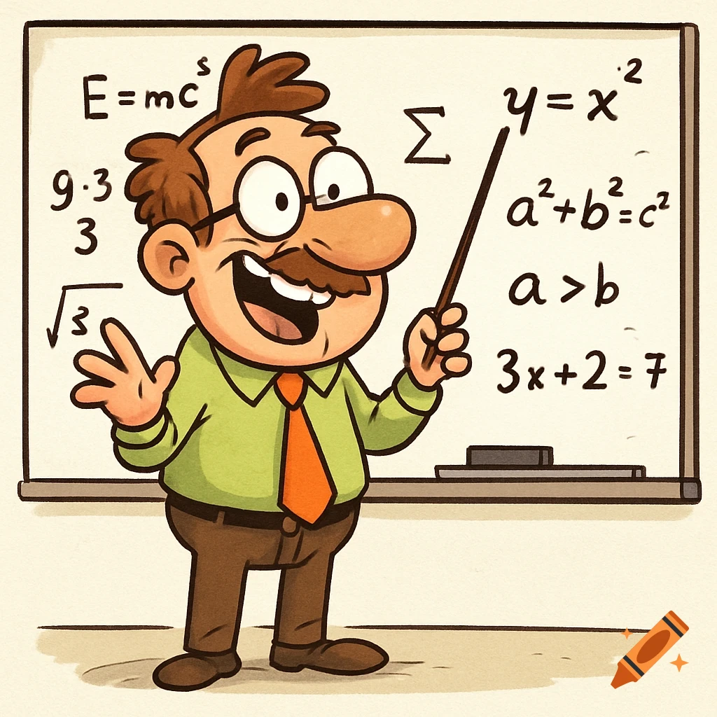 A funny cartoon of a math teacher with a mustache pointing to a whiteboard filled with equations.