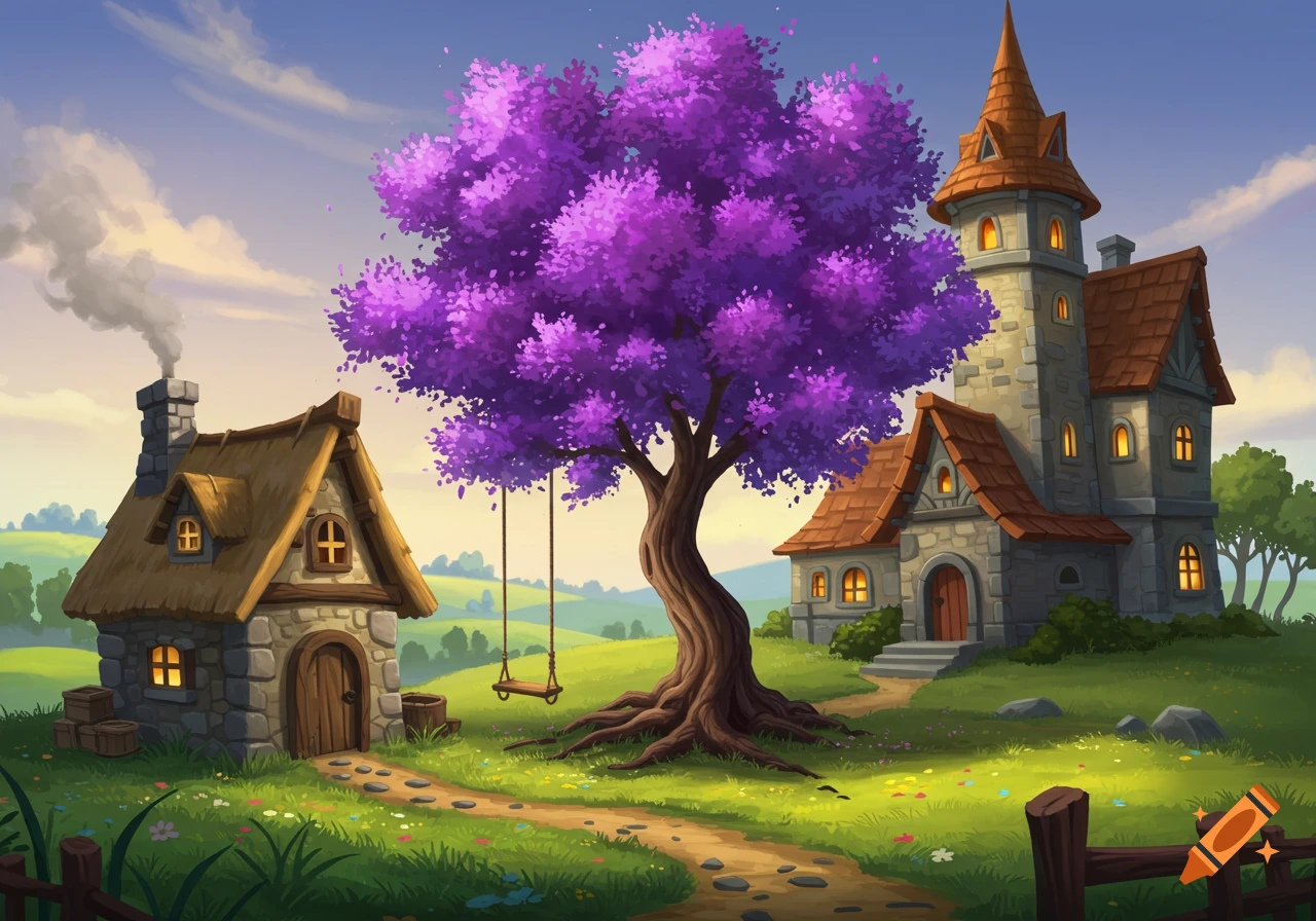 Fantasy landscape illustration with whimsical stone houses, a large purple tree with a rope swing, and a winding path.