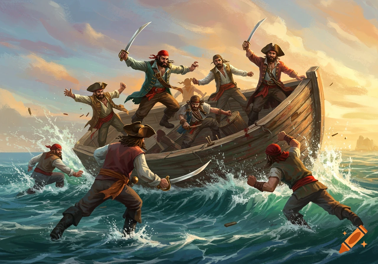 Pirates fighting on a boat in rough seas