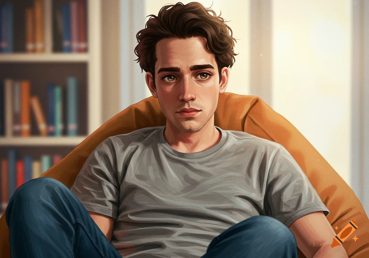 Digital art portrait of a young man sitting in a chair with a bookshelf behind him.