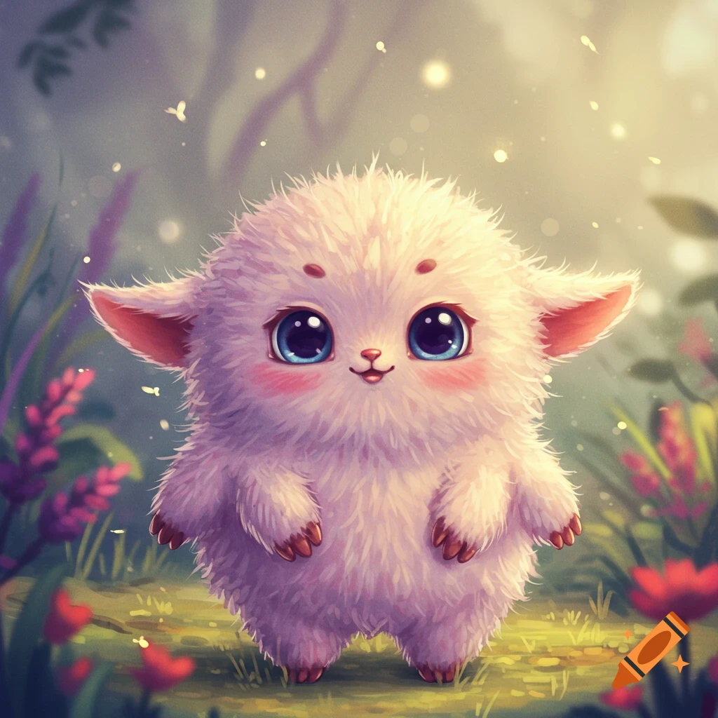 A cute, fluffy white creature with big blue eyes stands in a fantasy forest.