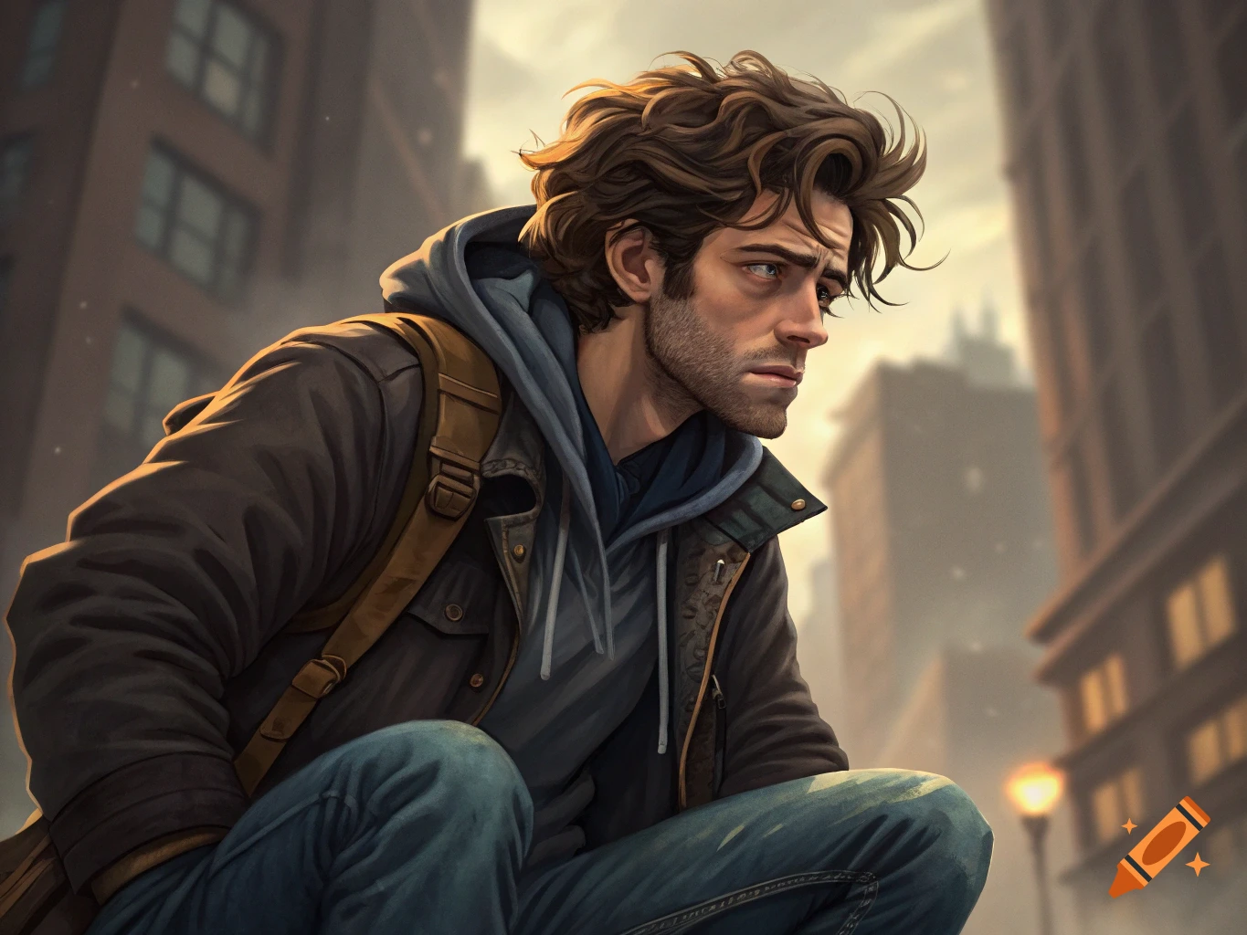 A man with curly hair and a beard crouches in a city street, wearing a jacket and backpack.