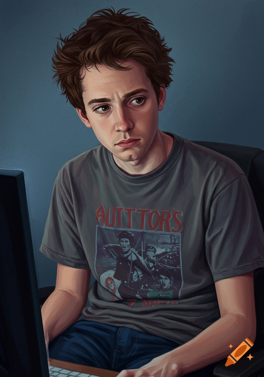 A young person with messy brown hair wearing a grey t-shirt, looking at a computer screen.