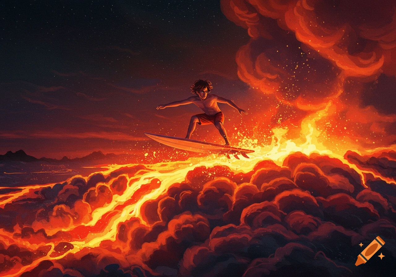 Digital painting of a boy surfing on glowing lava clouds under a starry sky