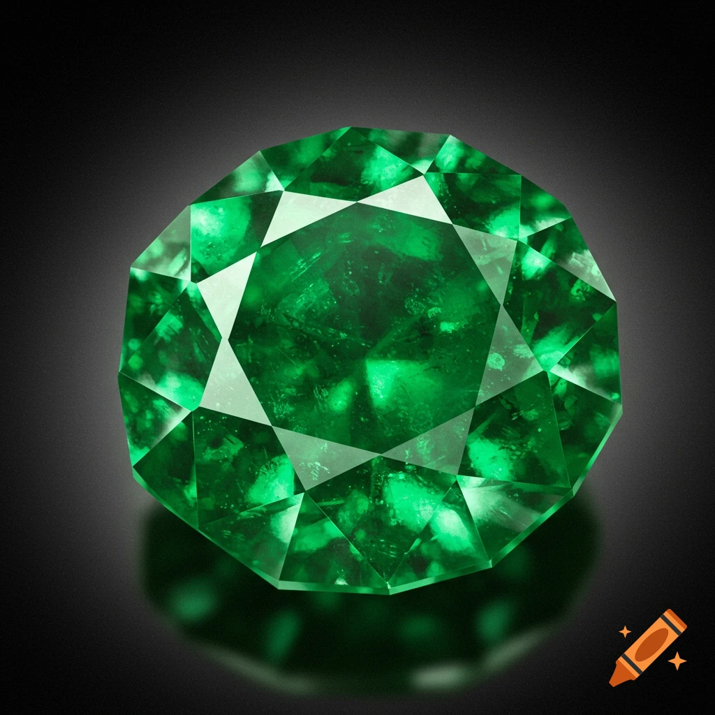 A close-up studio shot of a large faceted emerald gemstone reflecting on a dark surface.