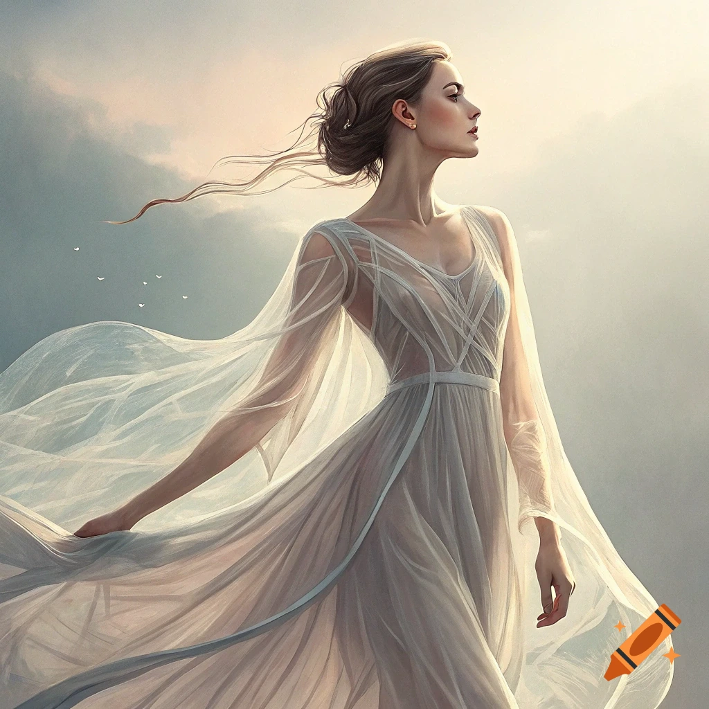 Woman in flowing sheer dress against a bright sky.