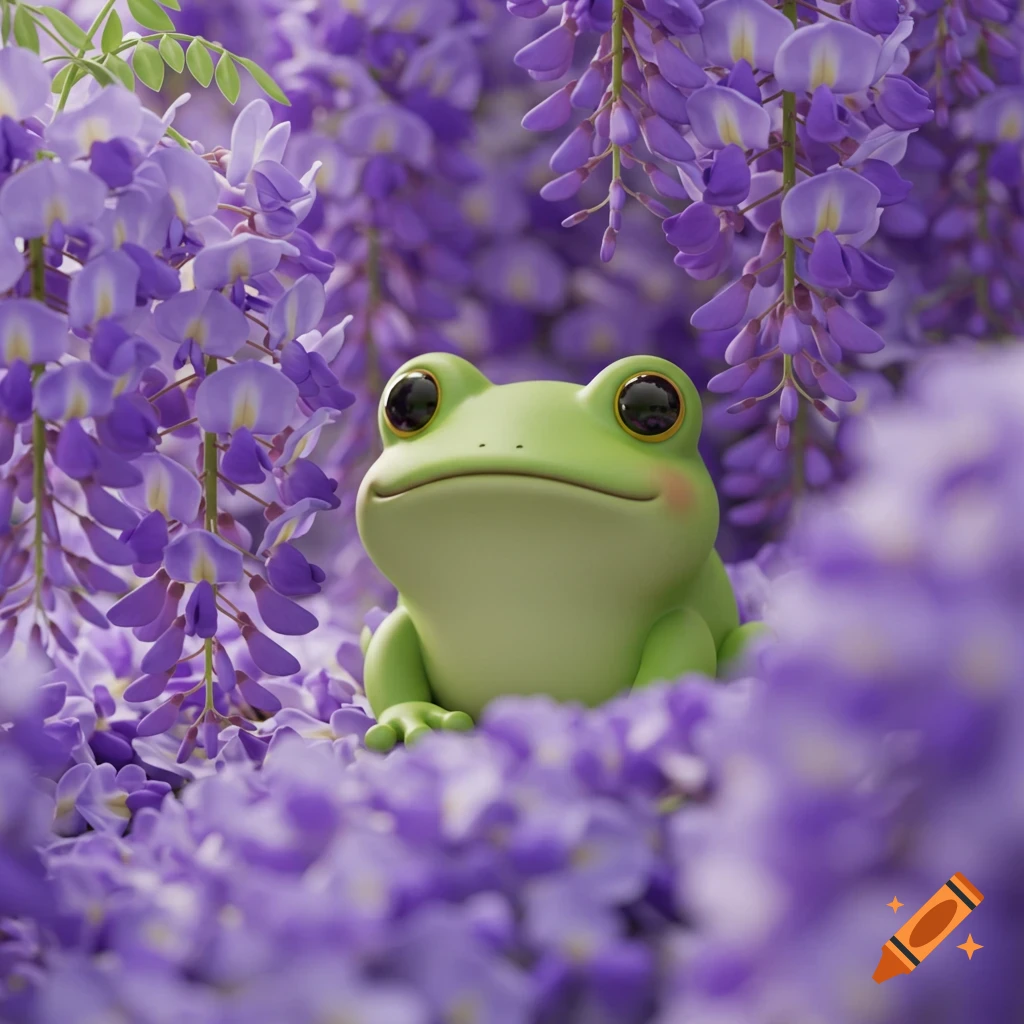 A cute green frog sits among purple wisteria flowers in a 3D illustration style.