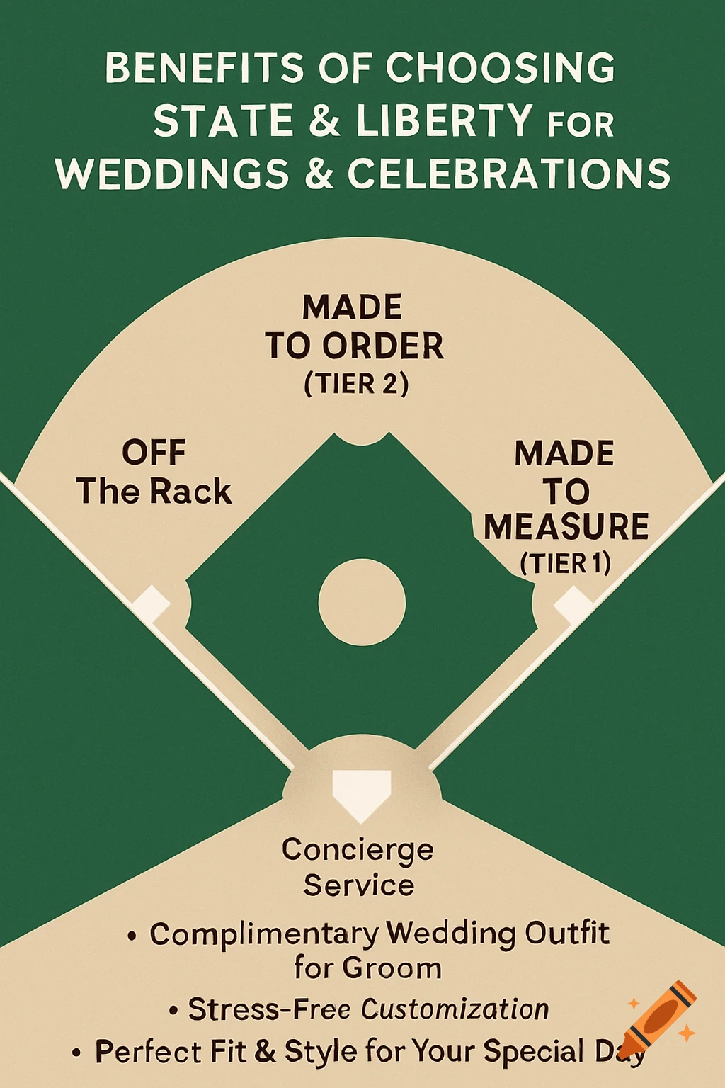 Graphic of a baseball diamond illustrating benefits and tailoring options for State & Liberty weddings and celebrations.