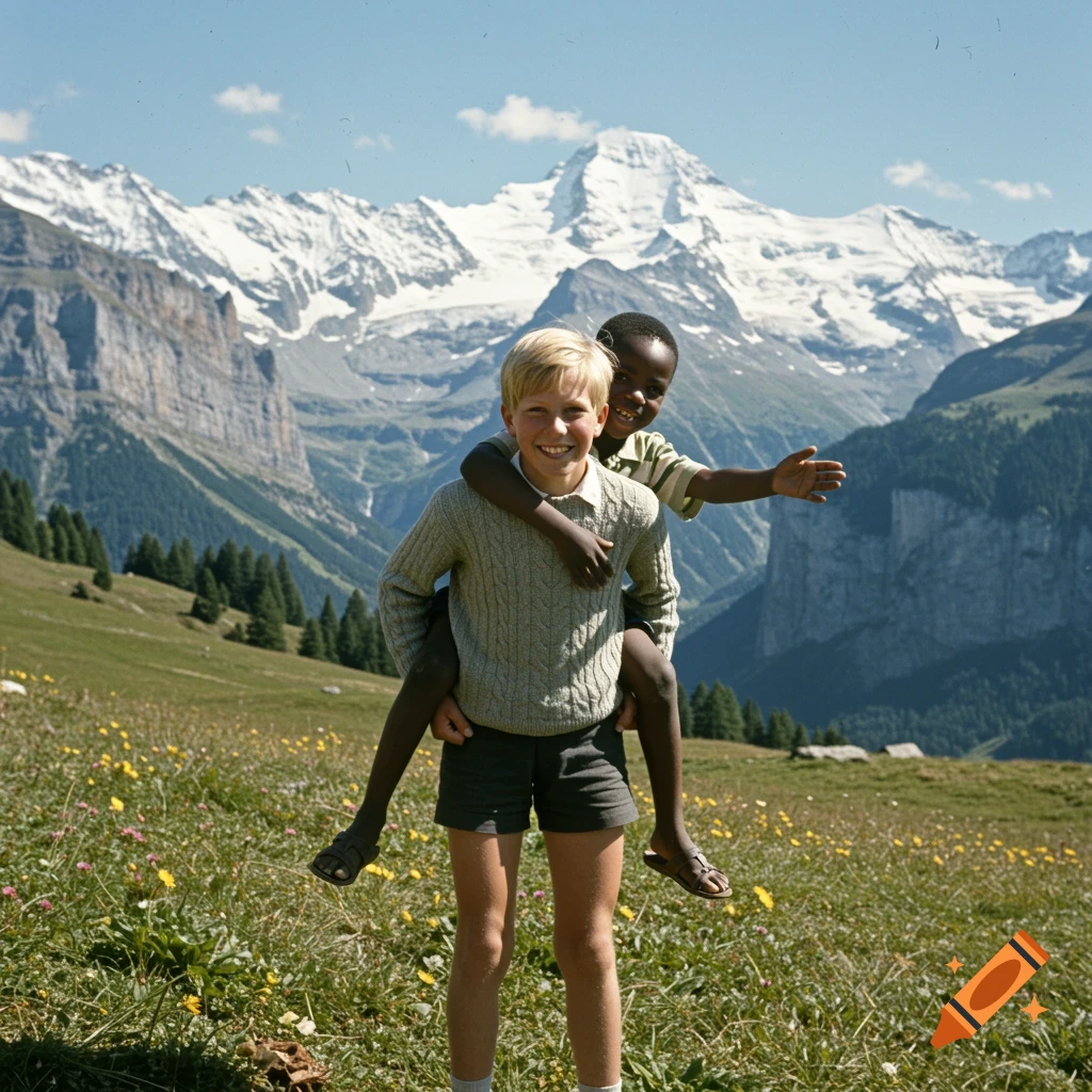 Vintage photo of two boys, one giving a piggyback ride, smiling in an alpine meadow with snow-capped mountains.