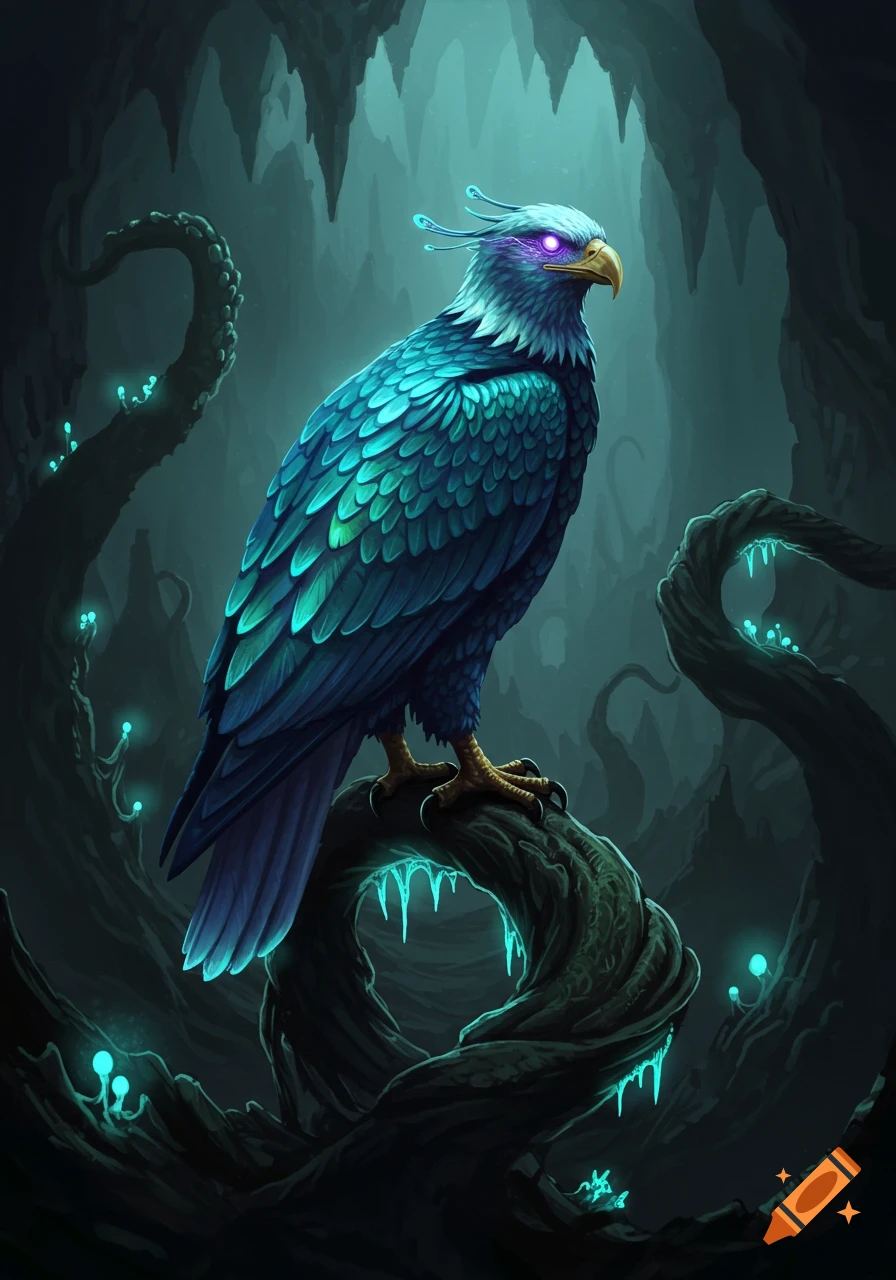 A detailed digital painting of a fantastical eagle with glowing purple eyes perched on a branch in a dark, mysterious cave.