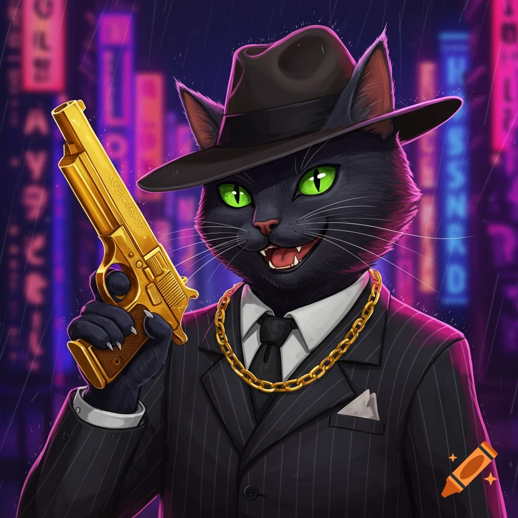 Cartoon black cat dressed as a gangster, wearing a fedora and suit, holding a golden gun in a rainy city.