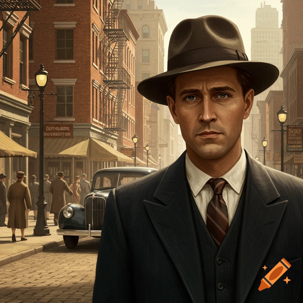 Man in suit and hat on a 1940s city street