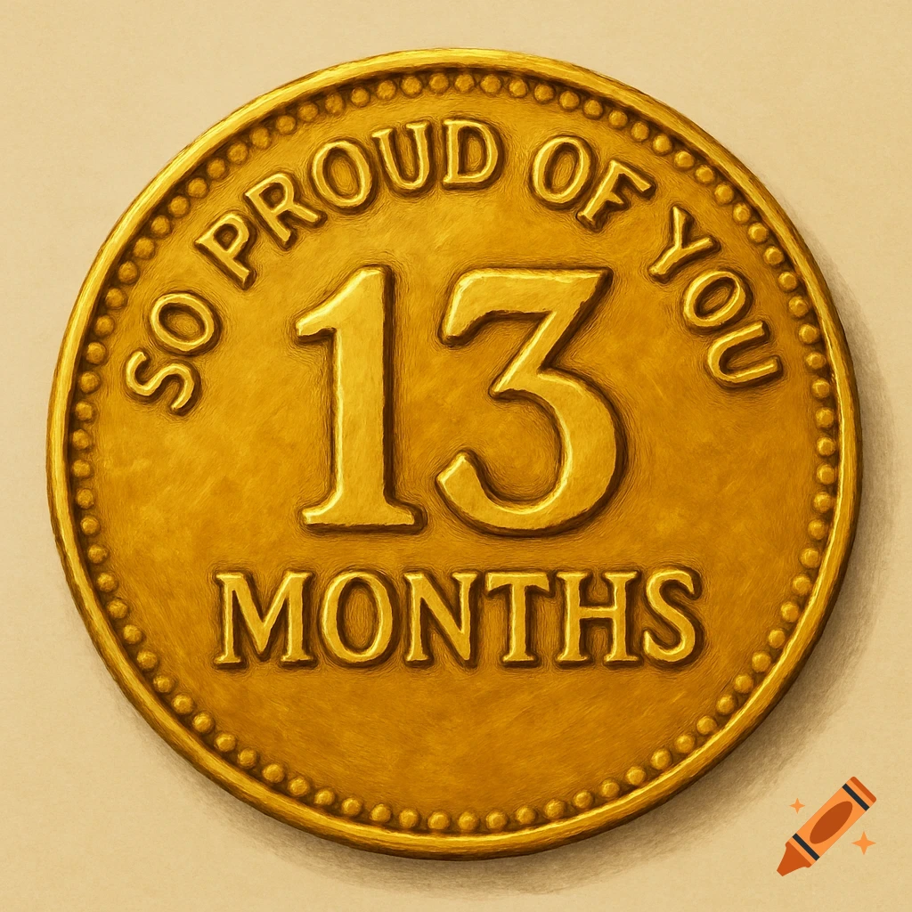A gold coin with the text "SO PROUD OF YOU" and "13 MONTHS".