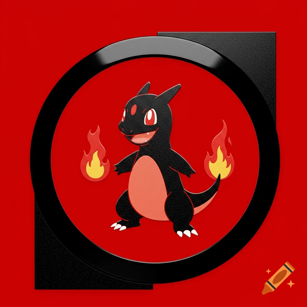 A black Charmander character in a black ring logo on a red background.