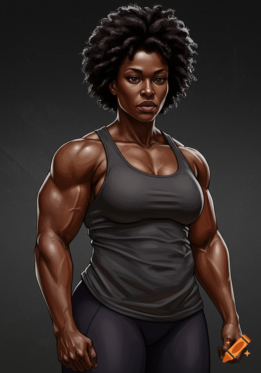 An illustration of a muscular woman in a tank top and leggings.