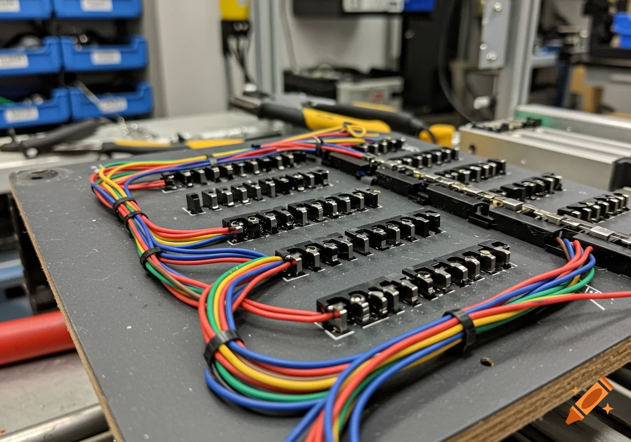 Close up photorealistic image of a wire harness board with colorful wires connected to terminal blocks in a manufacturing setting.