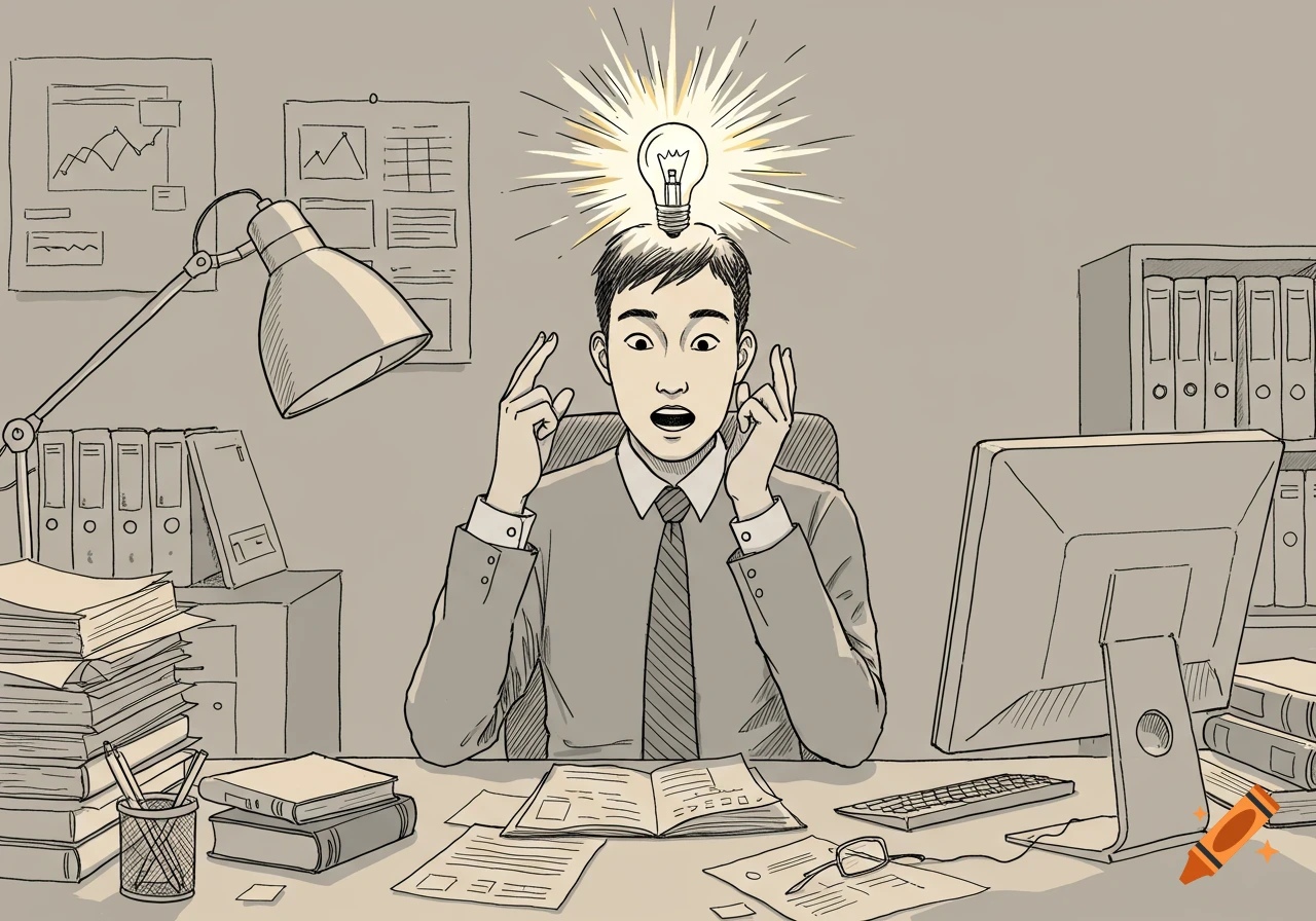 Line drawing of an office worker sitting at a desk with a lightbulb over his head, having an idea.
