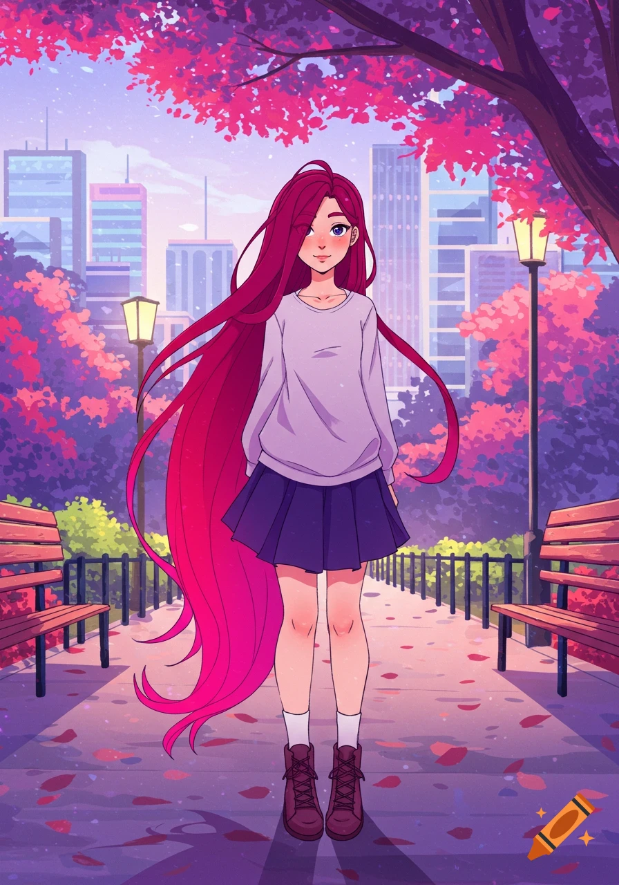 Anime illustration of a girl with long pink hair standing in a colorful city park.