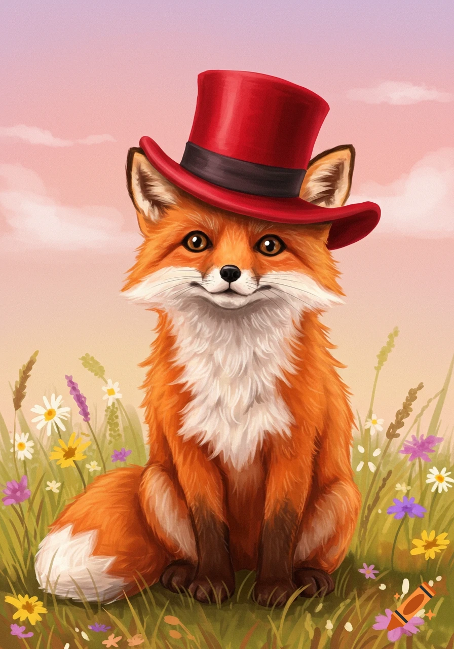 A cute fox wearing a red top hat sits in a field of wildflowers, illustrated in a painting style.