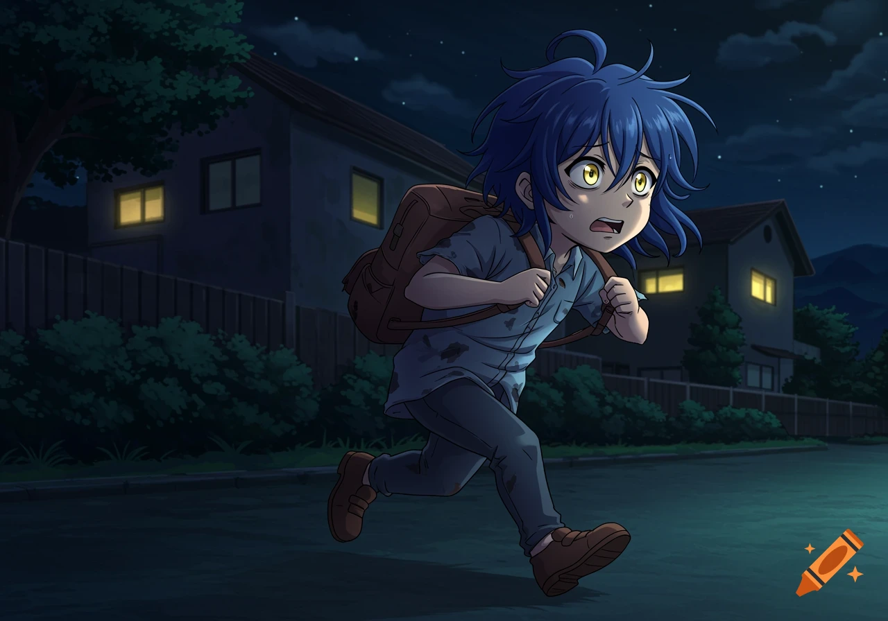 Anime style drawing of a boy with blue hair and a backpack running down a street at night.