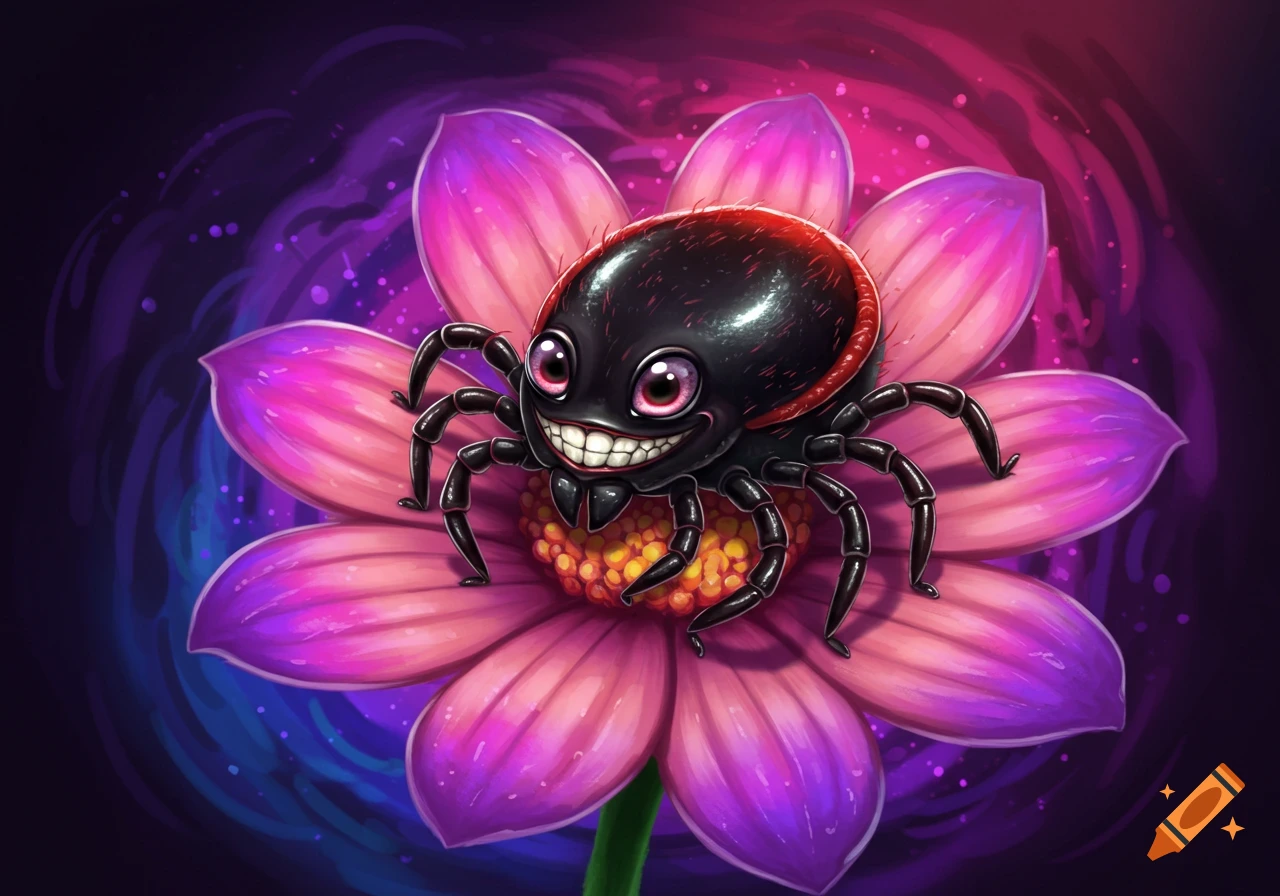 A whimsical image of a cartoon black tick with a wide grin sitting on a pink and purple flower.
