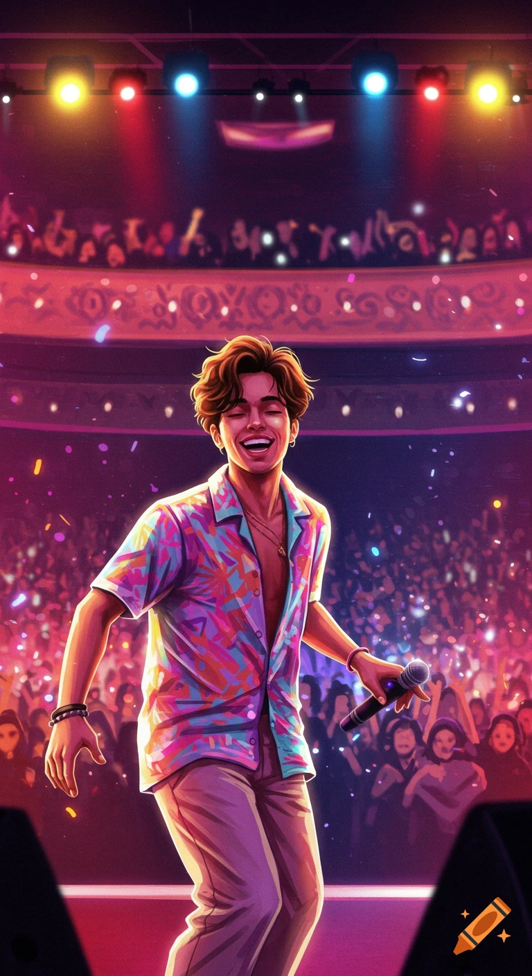 Digital illustration of a young man singing on stage at a concert with a crowd and bright lights.