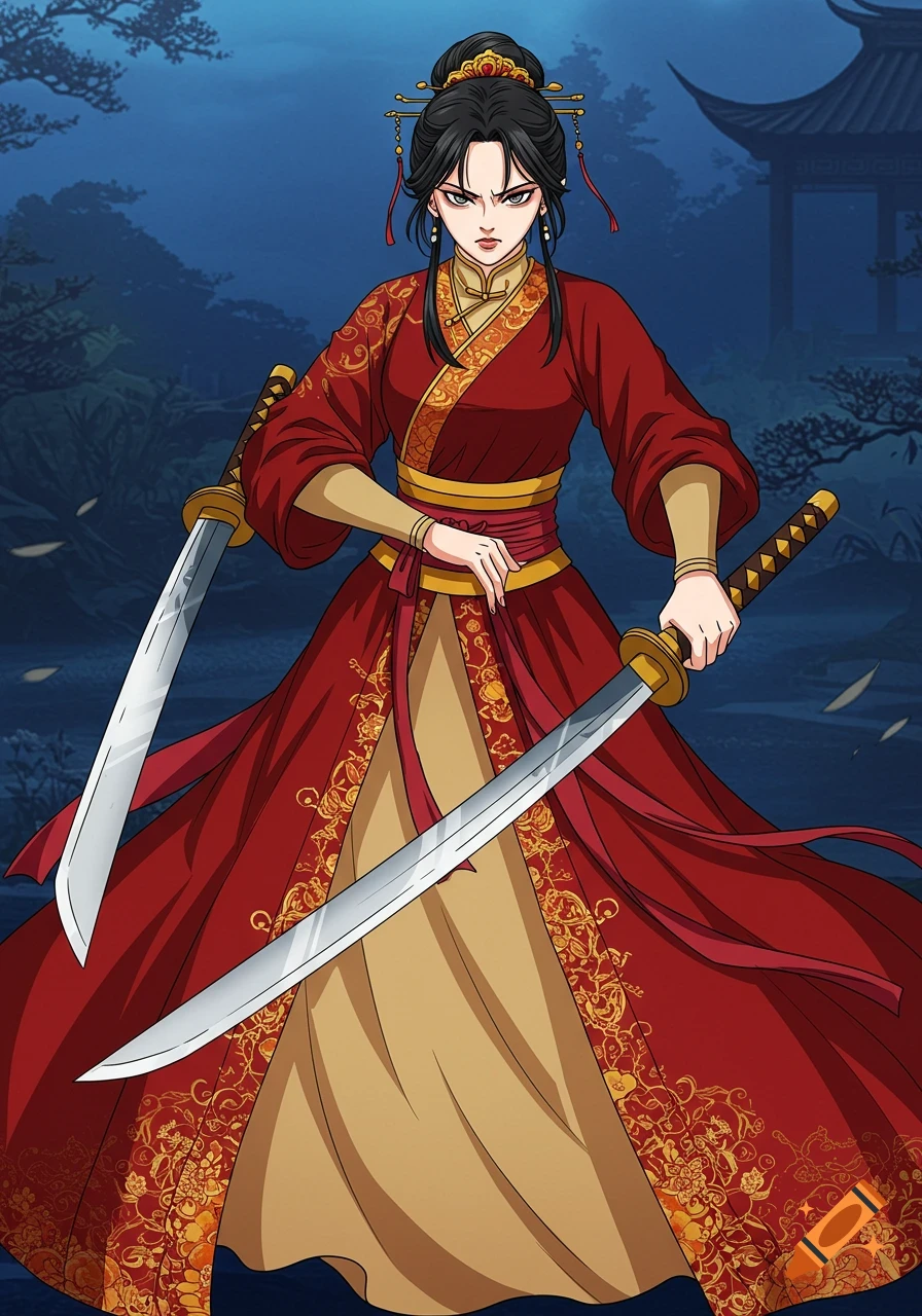Anime-style woman in red ancient Chinese clothing holding two swords