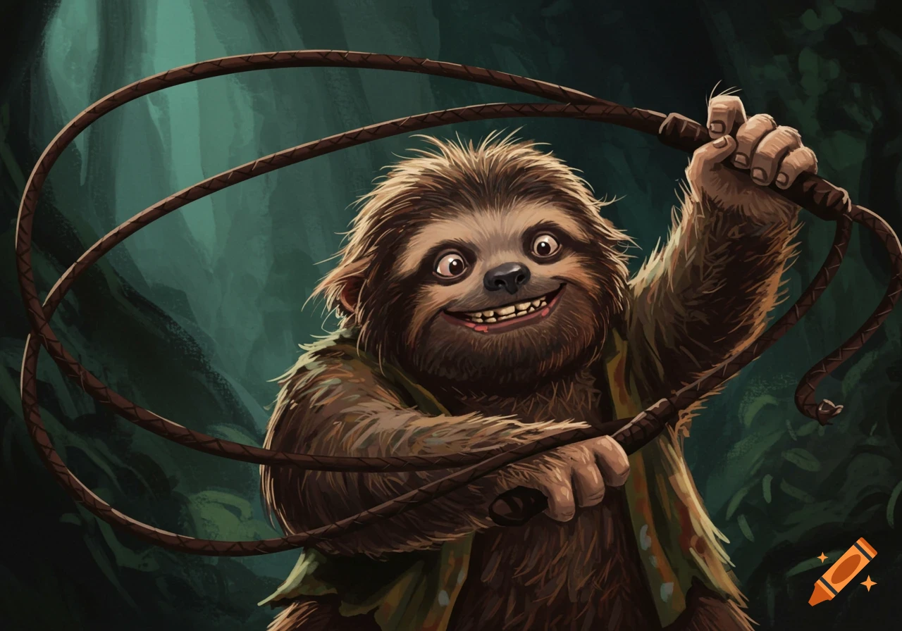 The Sloth character from The Goonies holding a whip in a jungle.