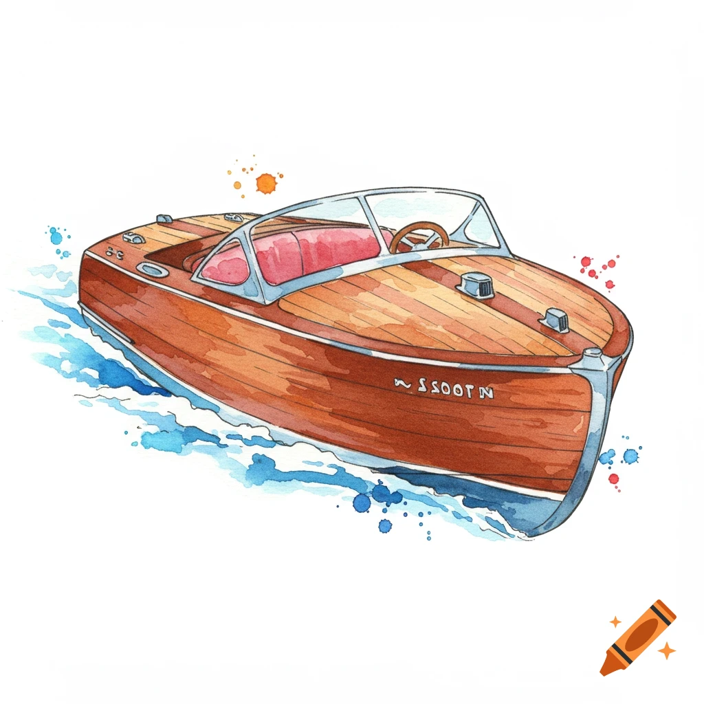 Watercolor painting of a wooden speed boat on the water.