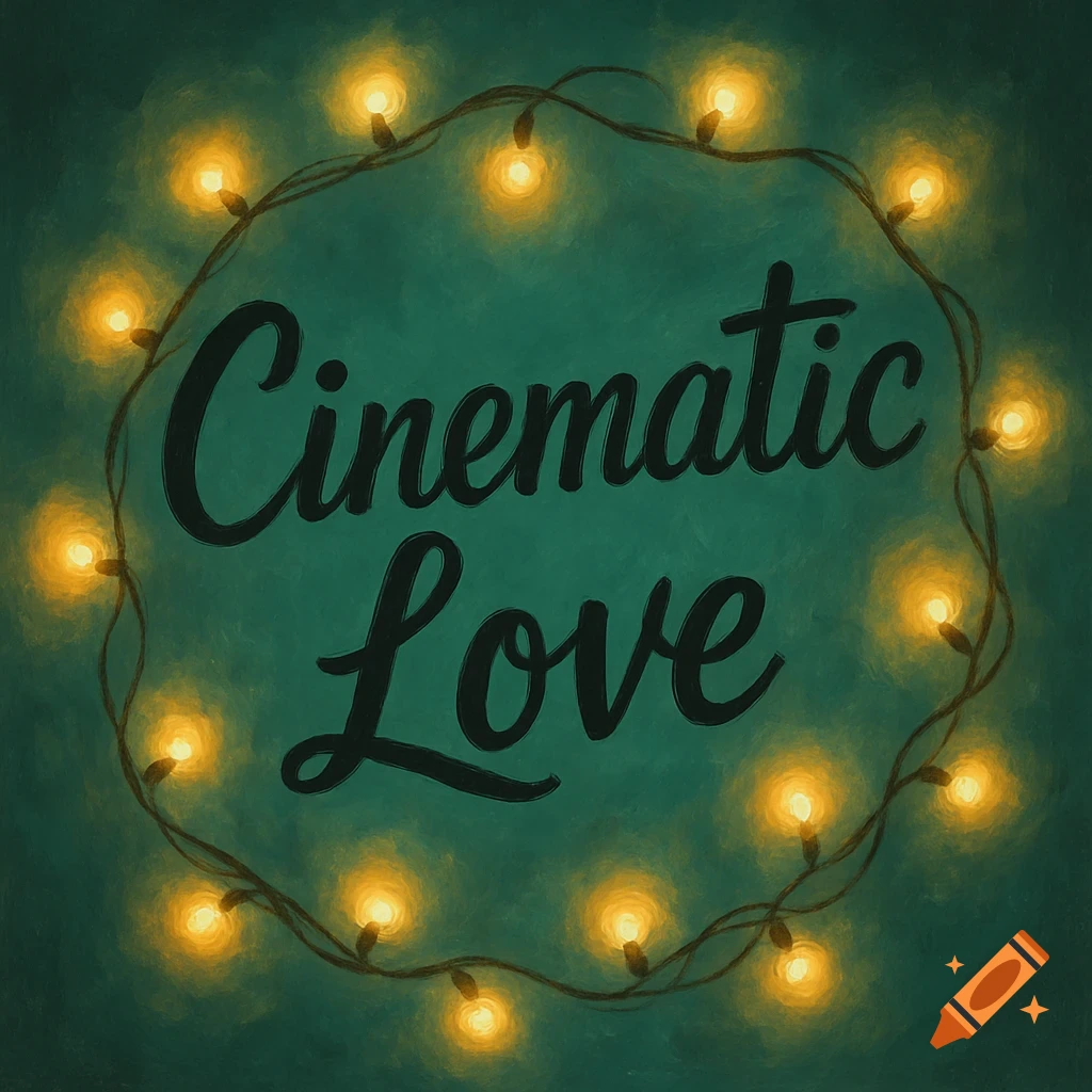 'Cinematic Love' text surrounded by warm fairy lights on a green background.