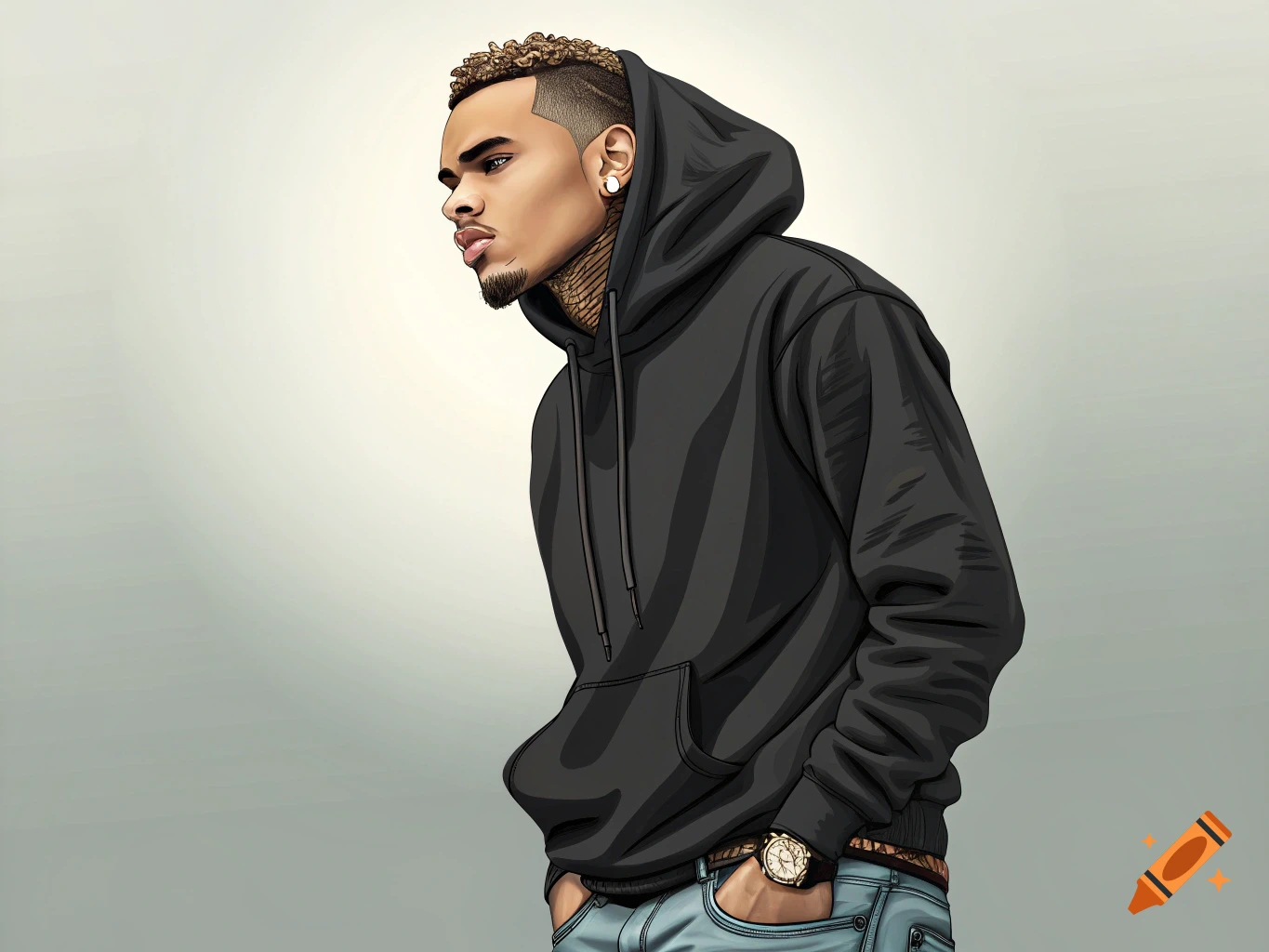 Stylized illustration of a man in a black hoodie and jeans with tattoos