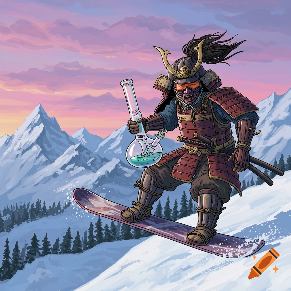 A digital painting of a samurai snowboarding down a snowy mountain while holding a bong.