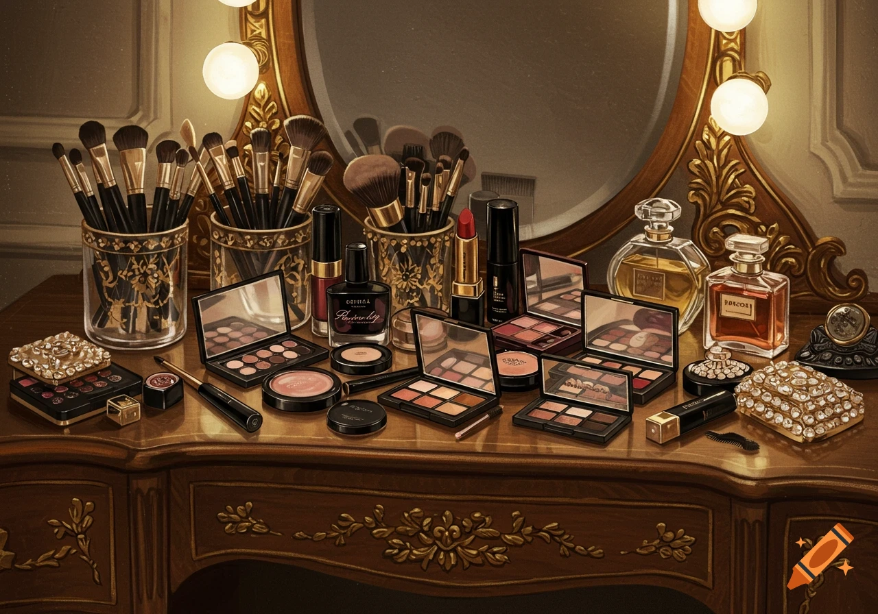 A makeup vanity with brushes, palettes, and perfume bottles.