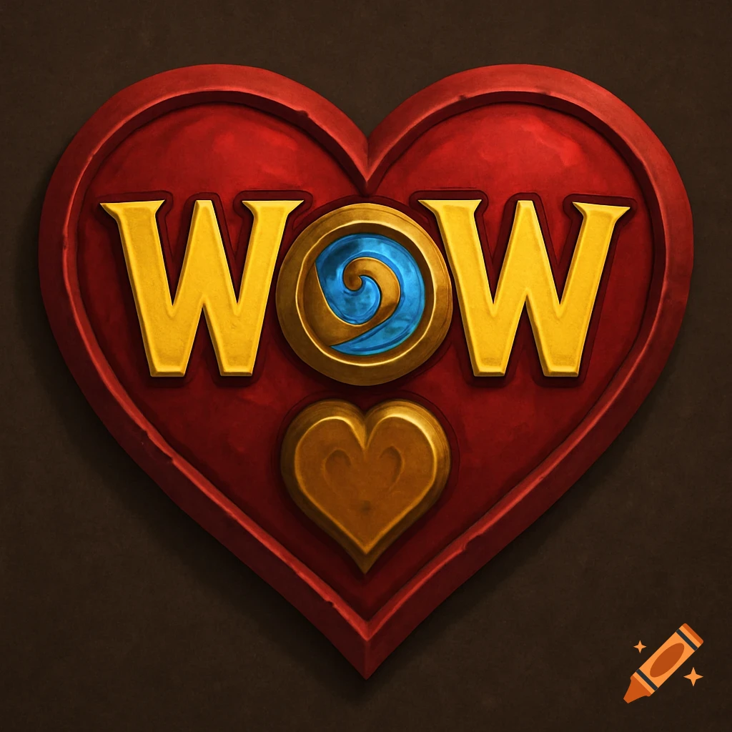 A red heart shape with the gold word 'WOW' incorporating the Hearthstone logo's swirl, and a smaller gold heart.