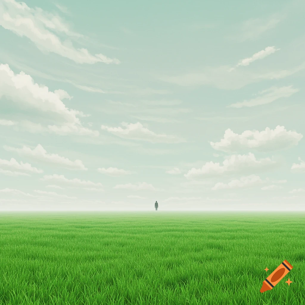 A lone figure walks across a vast green field under a cloudy sky.