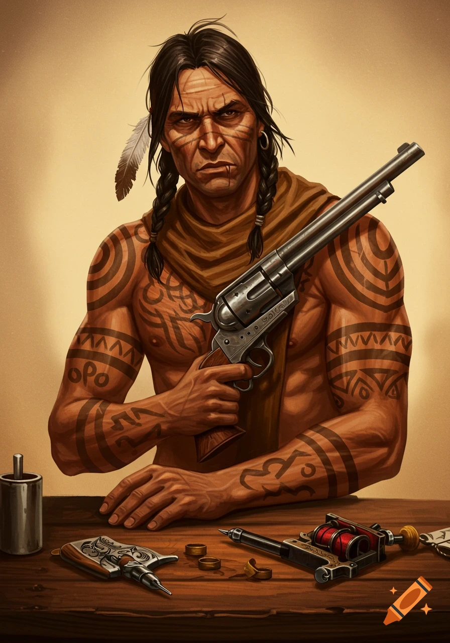 Illustration of a tattooed Native American gunslinger holding a rifle, with tattoo tools on a table.